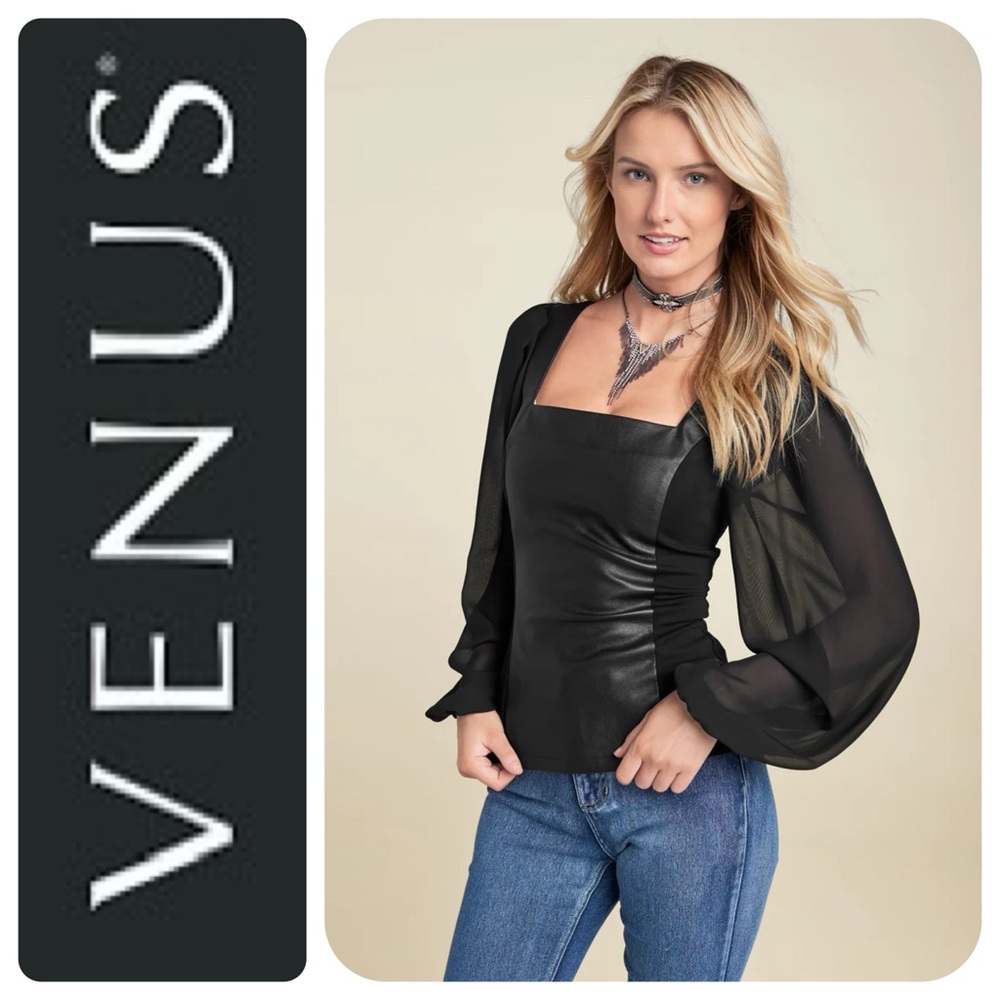 Venus Faux Leather Mesh Sleeve Top, XL - NWT
